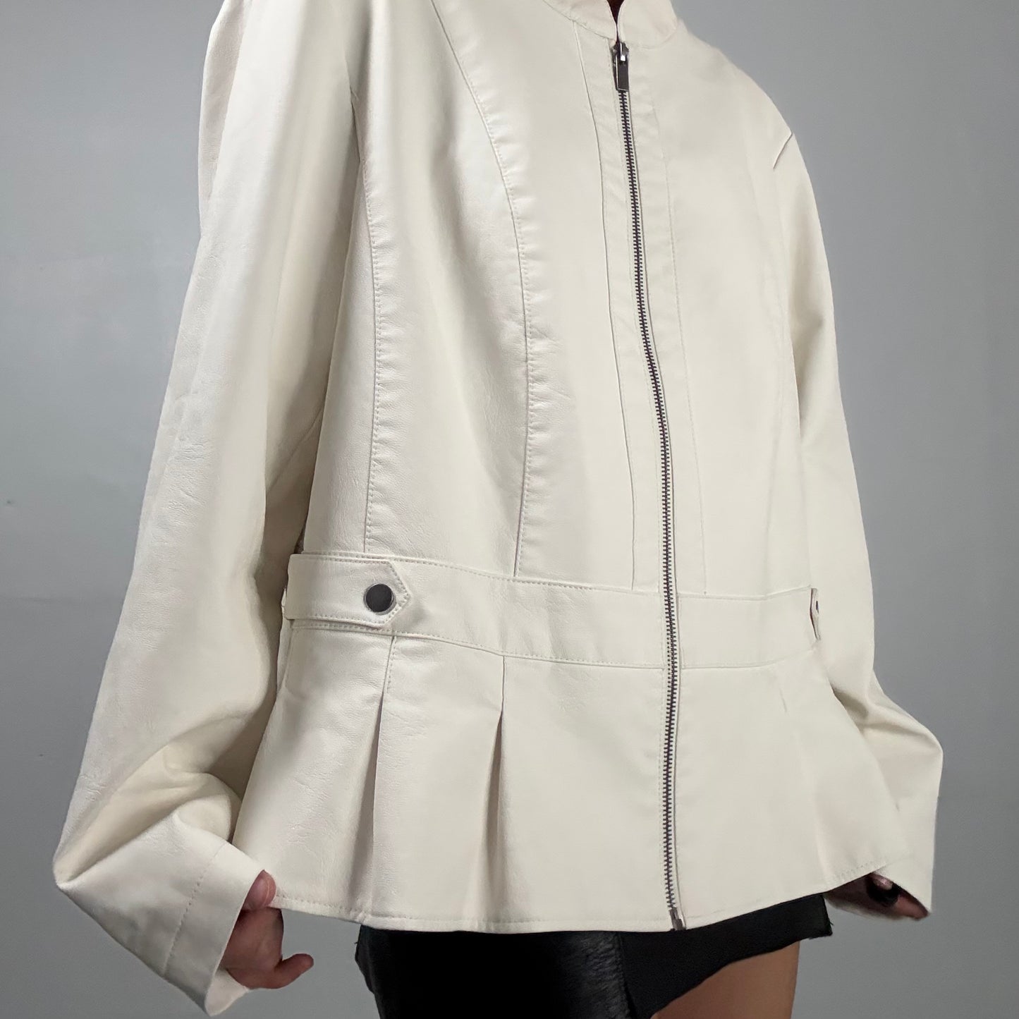 Pleated Hem Leather Jacket