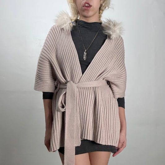 Faux Fur Collar Belted Knit Jacket