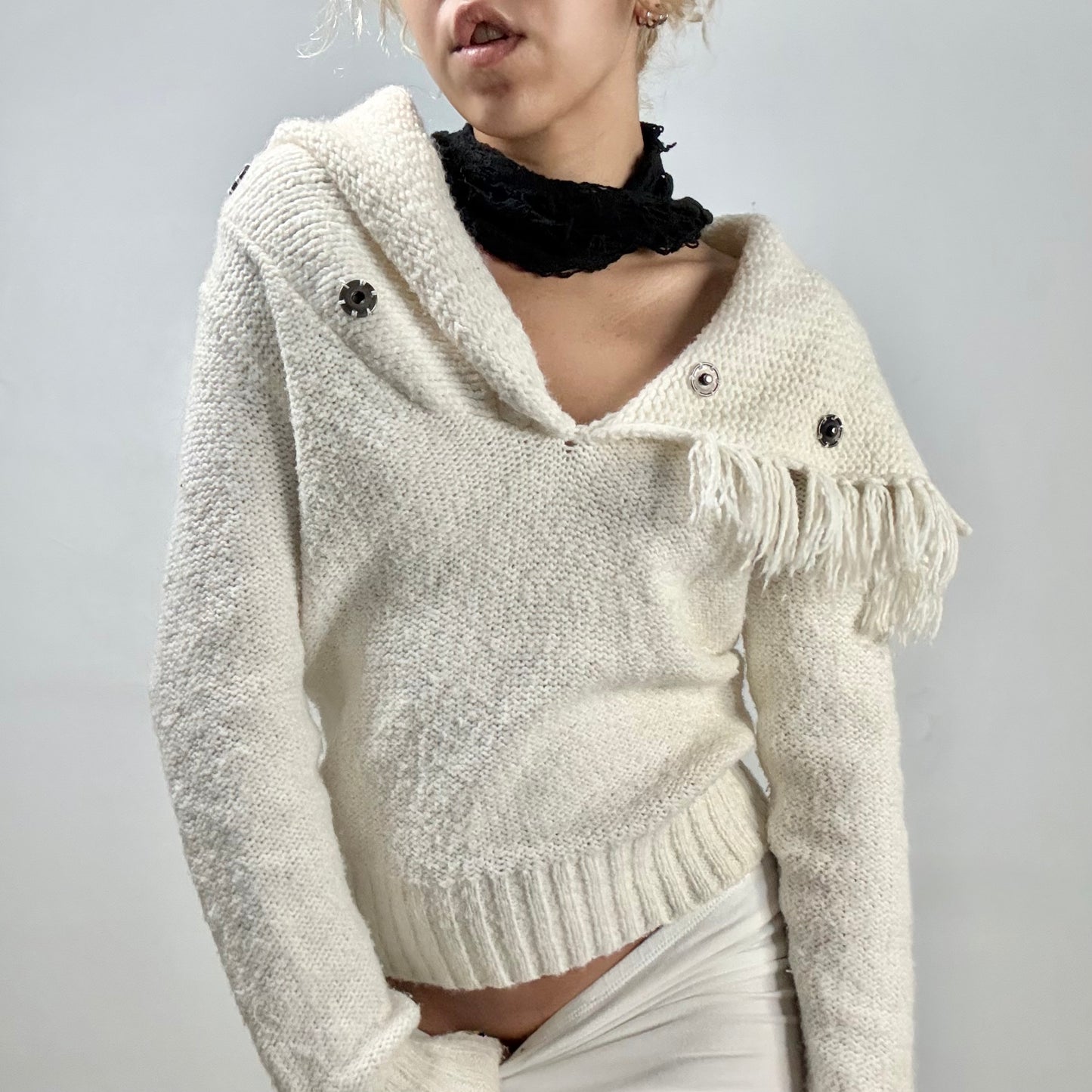 Fringed Shawl Collar Sweater