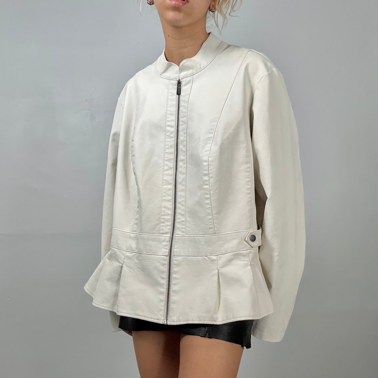 Pleated Hem Leather Jacket