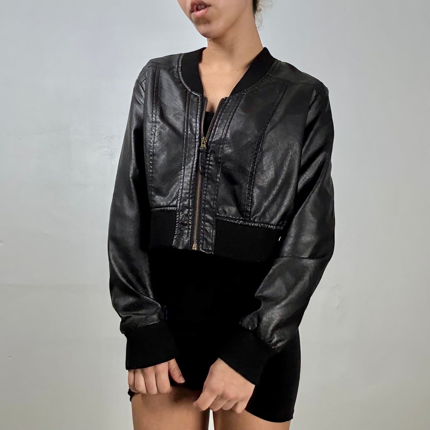 Faux Leather Dotted Cropped Bomber