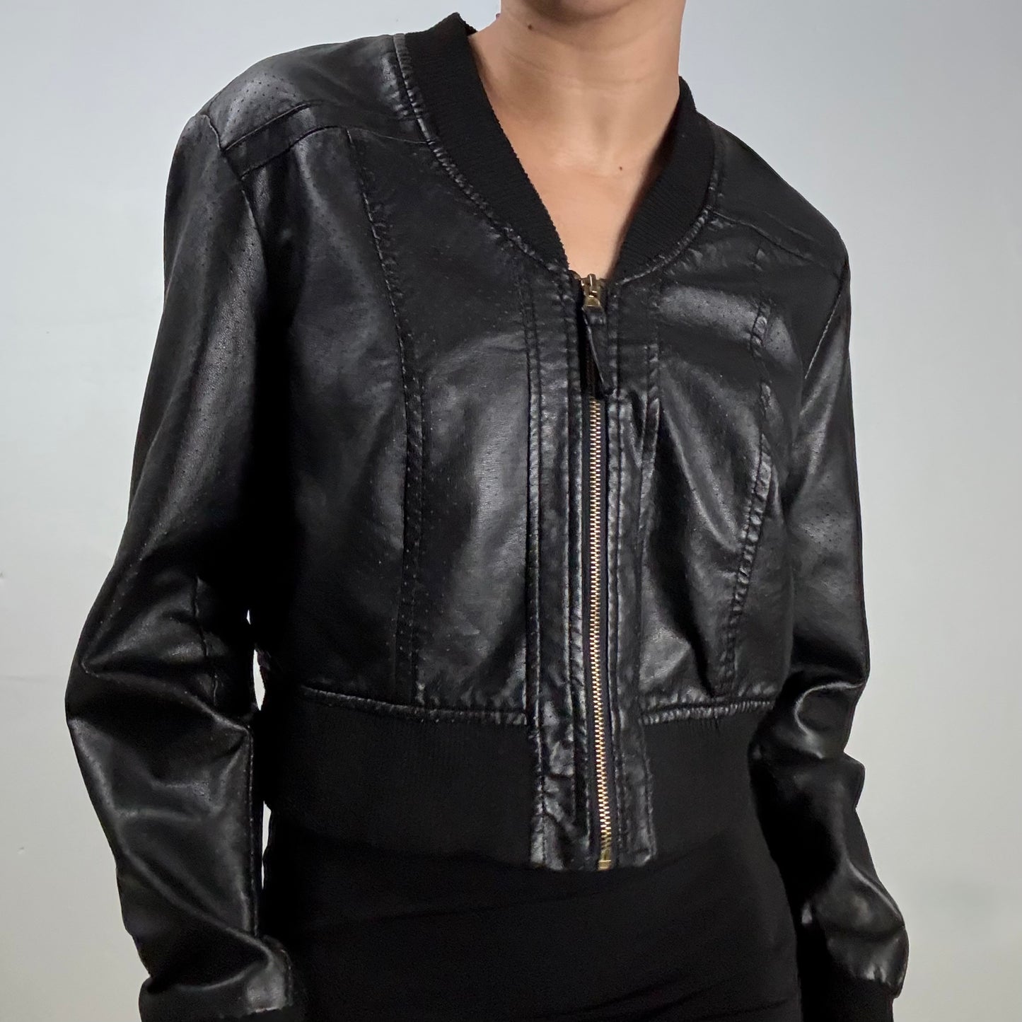 Faux Leather Dotted Cropped Bomber