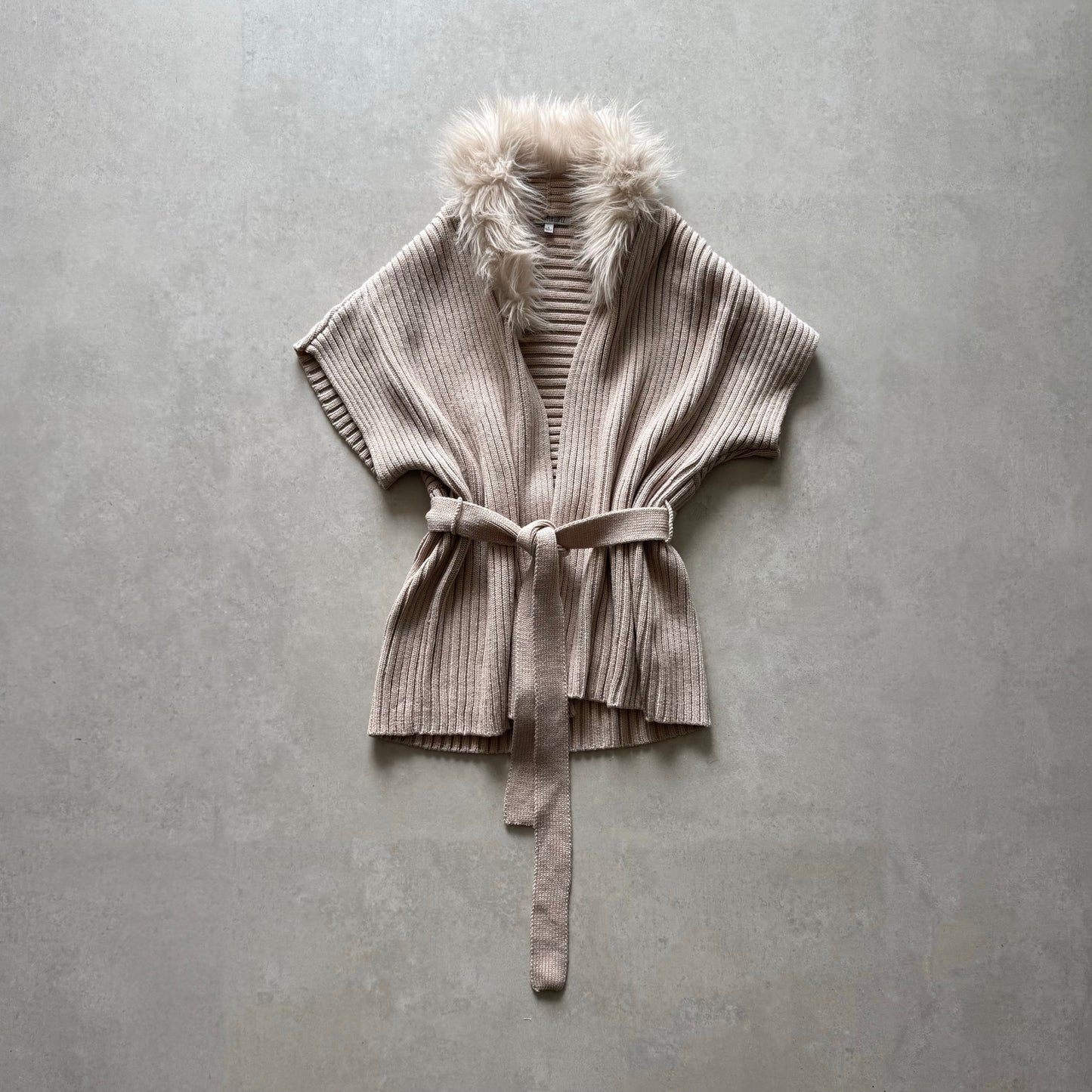 Faux Fur Collar Belted Knit Jacket