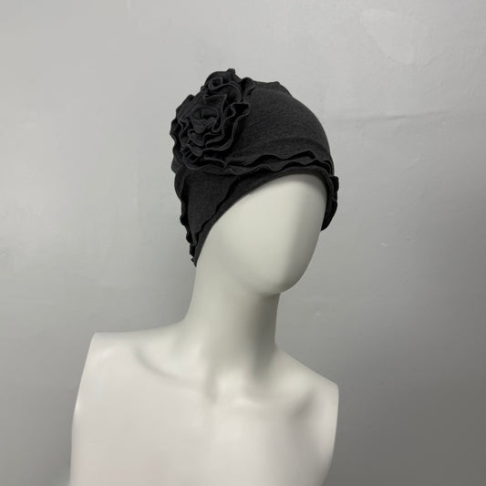 Dark Grey Ruffle Rose Beanie