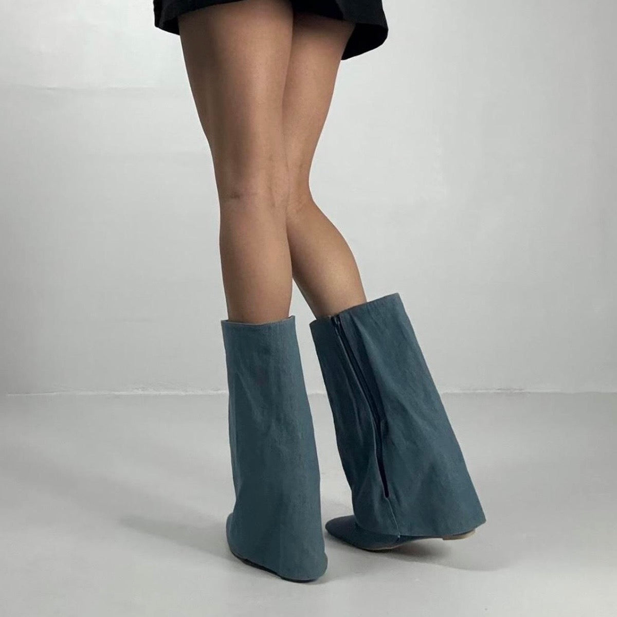 Denim Foldover Mid-Calf Boots