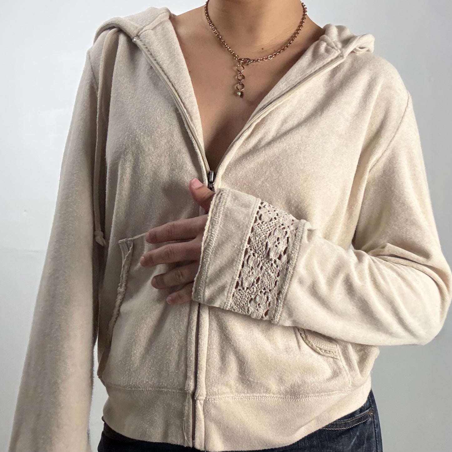 Lace Sleeved Terry Zip-up