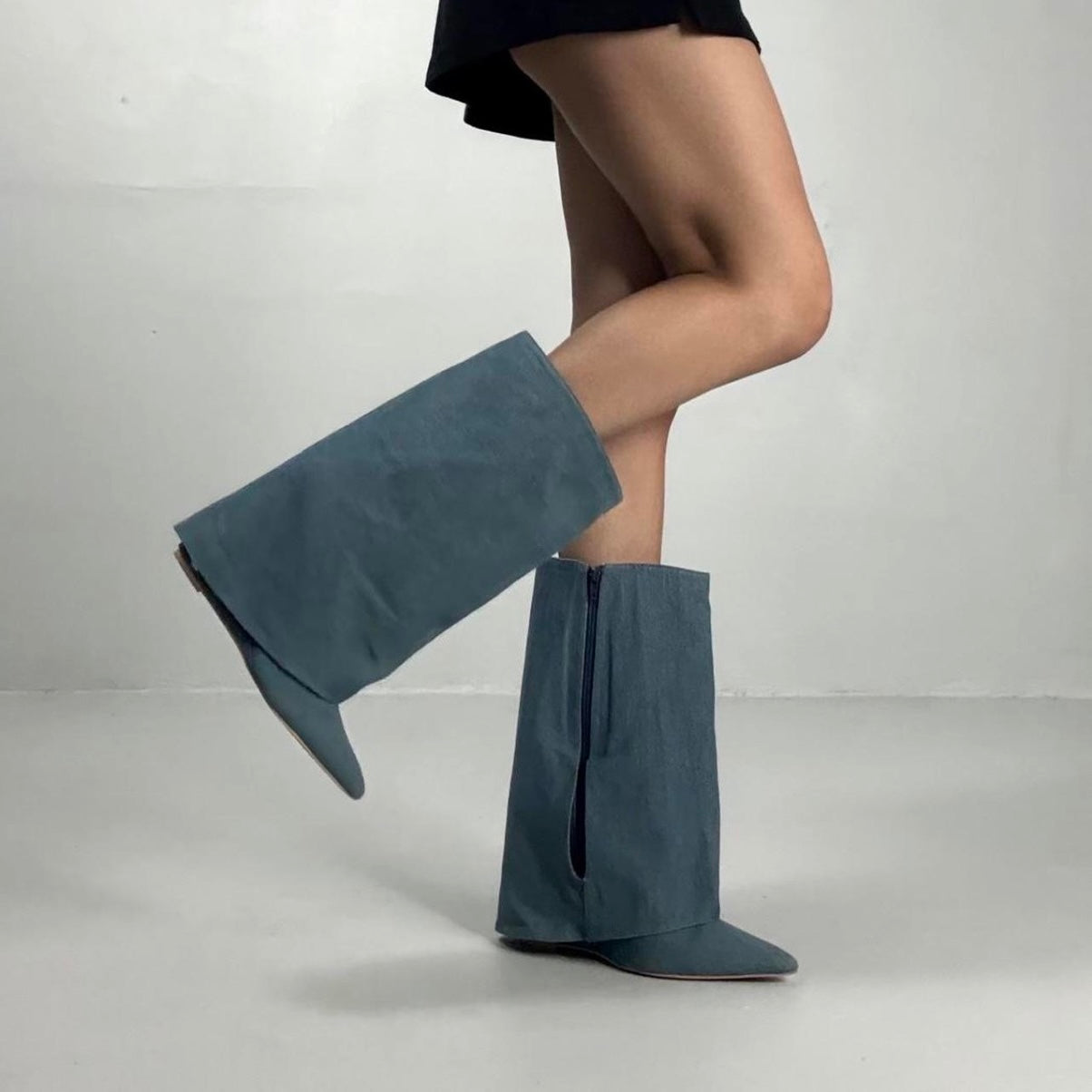 Denim Foldover Mid-Calf Boots